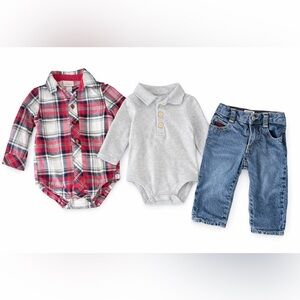 Baby Boy Outfit Bundle 6–9M | Plaid Bodysuit + OshKosh Jeans + Gray Polo